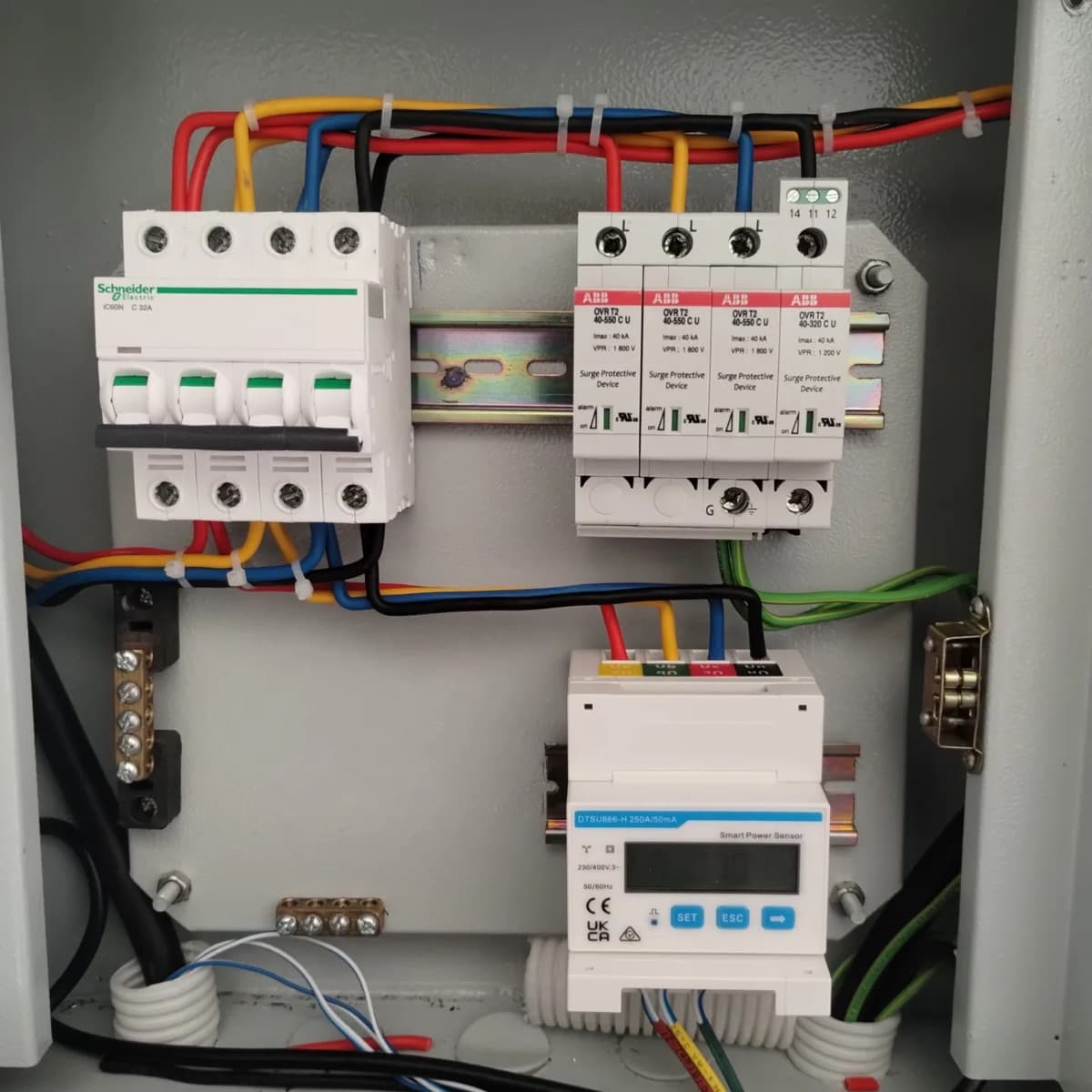 Distribution board with breakers, surge protection and an energy meter